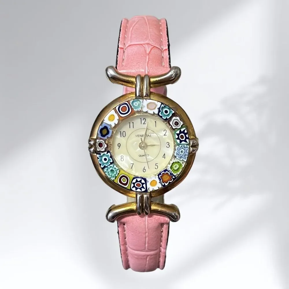 Venetiae Murano Millefiori Glass Quartz Wristwatch Womens Pink Strap Croc Style